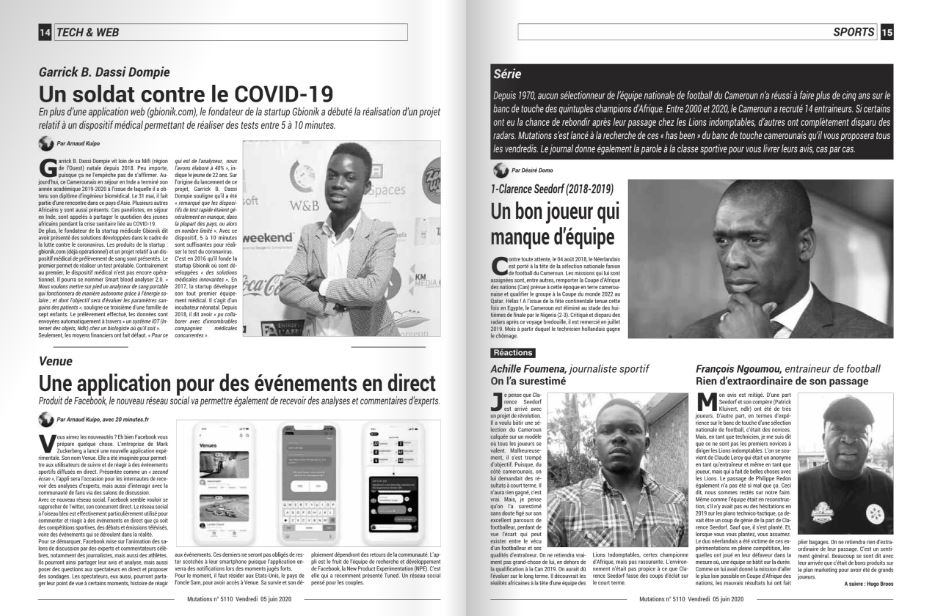 GbionikGroup's tweet photo. Parution de Mr. @GarrickBabel  ( fondateur de la startup Médical Gbionik), à la une du journal camerounais Mutation, « un soldat contre le COVID-19 » a mentionné "Mutation". Excellente lecture. https://t.co/pXyUazx3Qd