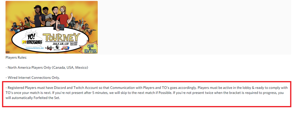 For the YOVG tournaments, this is your warning... If you are not in the Discord channel, you WILL be DQ'd. It was stated in the rules.