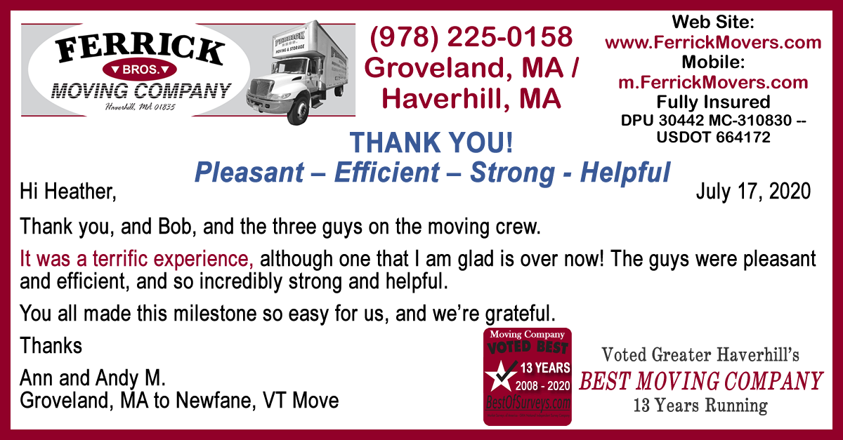 ferrickmovers's tweet photo. TESTIMONIAL: Groveland, MA to #Newfane, #VT Move
===================
All testimonials click:
https://t.co/9HA54JL04K
https://t.co/cTE8CUgPhM
===================
Greater Haverhill's #Best #Moving #Company 13 Years in a Row! (2008-2020) - #Haverhill #Groveland #MA #NH #Movers #VT https://t.co/FOBG8T5HSM