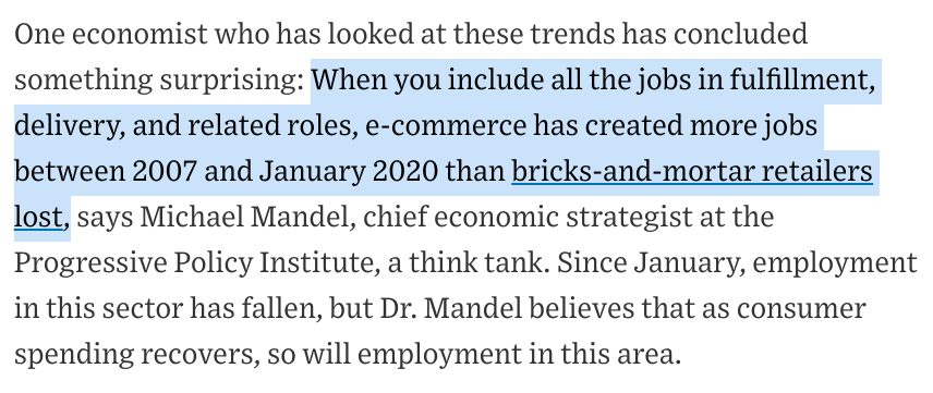 In sum, to the extent that the future is e-commerce, everything is available in an hour because of course, then significant portions of America's workforce are going to shift from jobs in retail and other fields to jobs in e-commerce fulfillment. https://www.wsj.com/articles/the-next-phase-of-the-retail-apocalypse-stores-reborn-as-e-commerce-warehouses-11595044859
