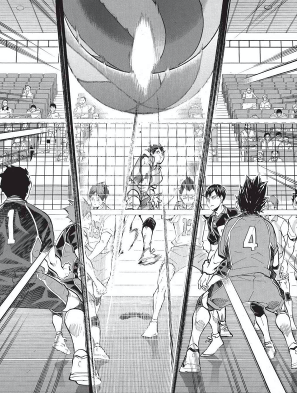 First off, in this match there are not a lot of the more outlandish techniques that Furudate developed later on. However, what make this match such a visual treat is the use of very thick lines, (I love when ball paths are drawn with such thick lines. If memories serve, )