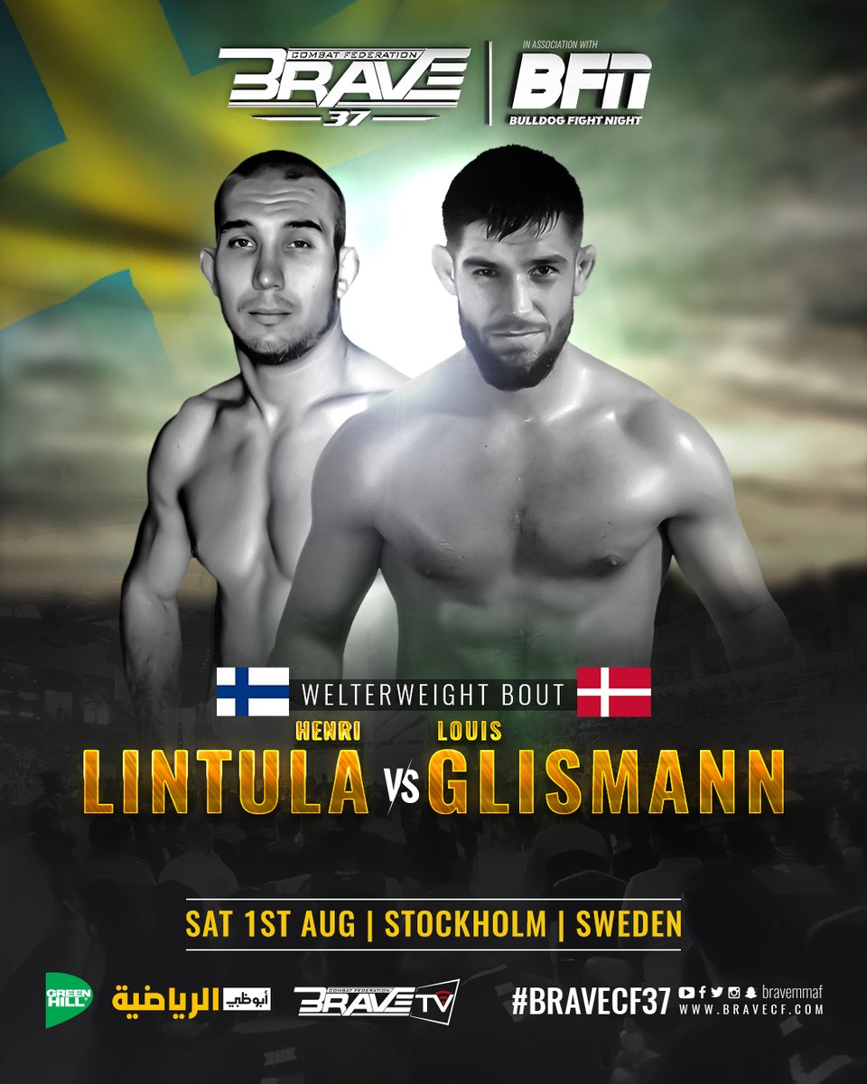 bravemmaf's tweet photo. Danish submission artist Louis 'Spartacus' Glissmann and BJJ black belt  Henri Lintula will put a show for the fans at the main event  for #BRAVECF37 in Sweden. 
. 
Pick your team #BRAVENation 🔥💪 https://t.co/kG2D3BfiFZ