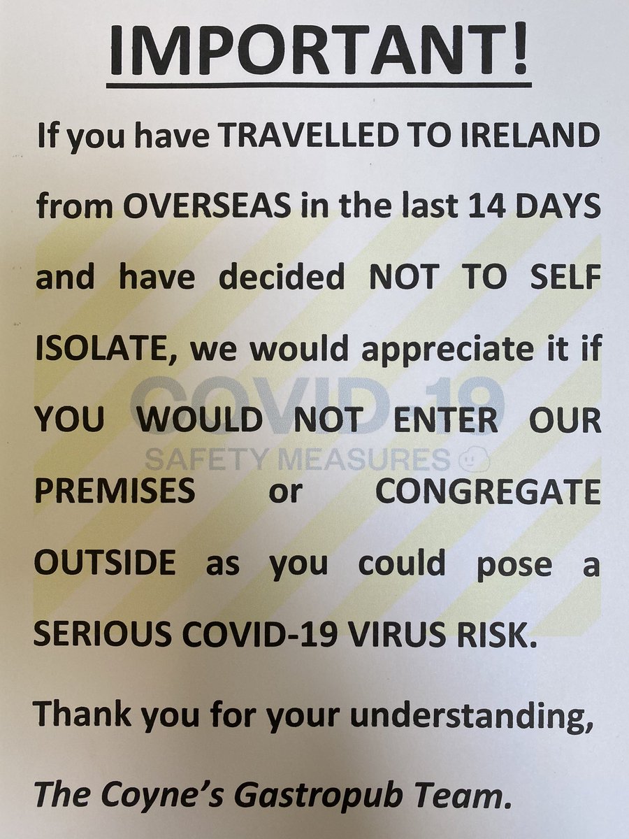 Micheál Ó Cadhain 🇮🇪 Michael Coyne (@coynesgastropub) on Twitter photo Hello.
If you have travelled to Ireland from abroad in the last 14 days and have decided to not follow the <a href="/HSELive/">HSE Ireland</a> guidelines re self-isolation while you are here in Ireland, I’d appreciate if you would not visit my Gastropub. Thanks, Michael.
#coronavirus #Connemara #Ireland Hello.
If you have travelled to Ireland from abroad in the last 14 days and have decided to not follow the <a href="/HSELive/">HSE Ireland</a> guidelines re self-isolation while you are here in Ireland, I’d appreciate if you would not visit my Gastropub. Thanks, Michael.
#coronavirus #Connemara #Ireland