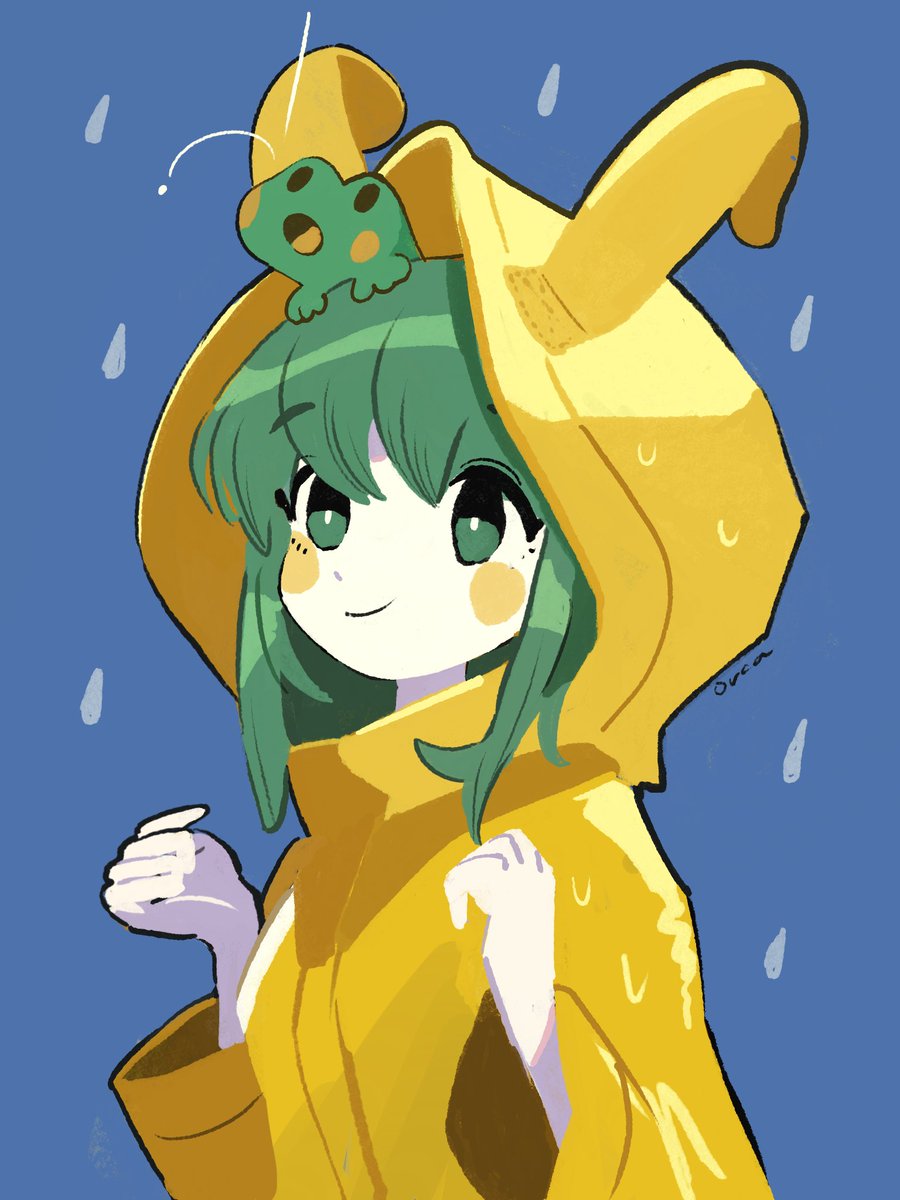 1girl green hair raincoat smile green eyes yellow raincoat frog  illustration images