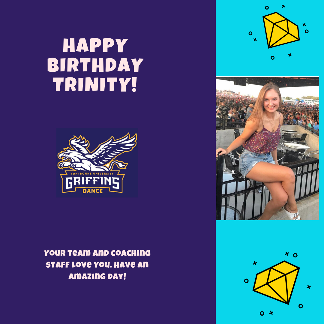 FBUDanceTeam's tweet photo. Happy Golden Birthday to Trinity! Trinity is 18 on the 18th! Less than a month away from move-in. We are so excited to see you soon. Have a crazy amazing day, girl! 💛💜 #fbugoldenline #fbugoldenlinebirthday https://t.co/6Vh41K5xF9