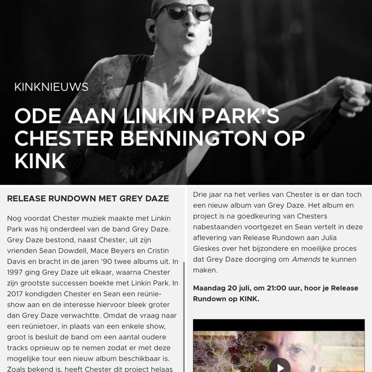 greydazenl's tweet photo. Maandag 20 juli om 21:00 uur een ode aan Linkin Park frontman Chester Bennington op KINK. In de Release Rundown wordt er met Sean Dowdell teruggeblikt op de making van het album Amends van Grey Daze. Luisteren jullie ook mee? 

#amends #chesterbennington #greydaze #foryouchester https://t.co/4uRM1hsYb3