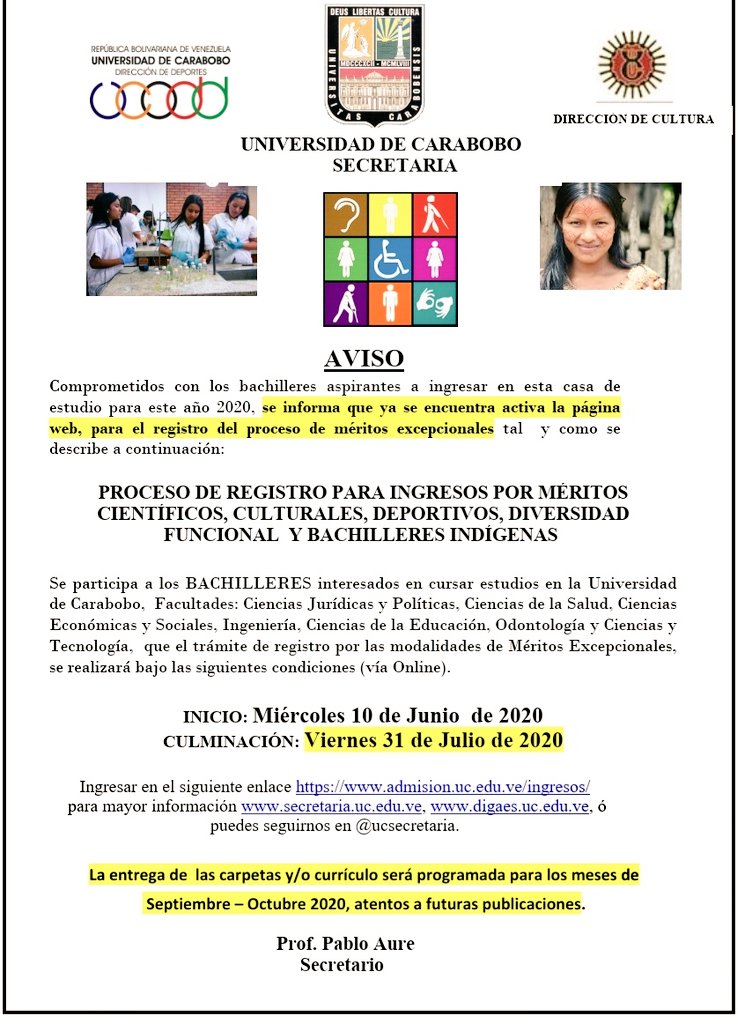 Atención bachilleres aspirantes a participar en el registro de méritos excepcionales la <a href="/UCSecretaria/">U.C.Secretaria</a> informamq que se modificó el link de ingreso para bajar la planilla.
Recordemos: defender nuestra <a href="/UCarabobo/">Universidad de Carabobo</a> es tarea de todos!
Por una una Universidad activa trabajemos por ella