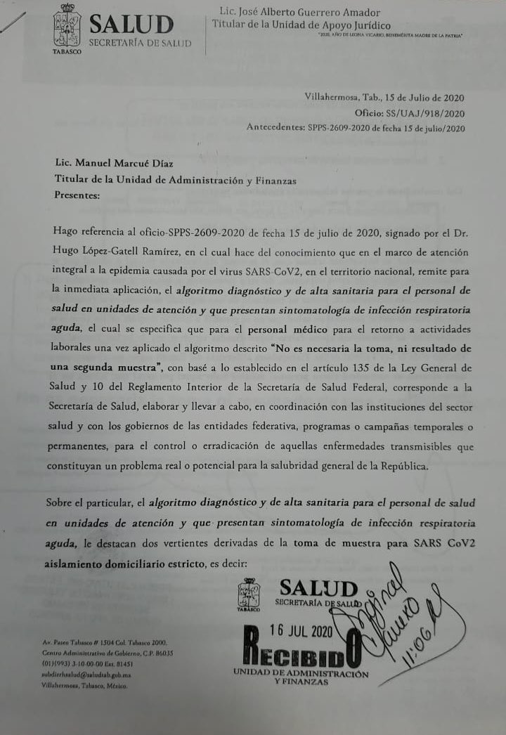 vidal_38's tweet photo. Ordena @SSalud_Tab que trabajadores con #COVID_19 regresen a laborar 10 días después del inicio de síntomas ¡sin necesidad de una 2da prueba! O sea, sin el alta necesaria deben presentarse al trabajo o les aplicarán sanciones. Así se busca frenar el virus en #Tabasco #Chulada https://t.co/5ipoqYoUSc