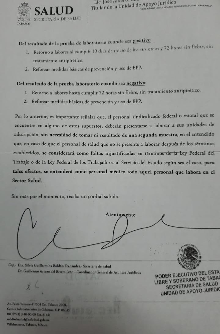 vidal_38's tweet photo. Ordena @SSalud_Tab que trabajadores con #COVID_19 regresen a laborar 10 días después del inicio de síntomas ¡sin necesidad de una 2da prueba! O sea, sin el alta necesaria deben presentarse al trabajo o les aplicarán sanciones. Así se busca frenar el virus en #Tabasco #Chulada https://t.co/5ipoqYoUSc