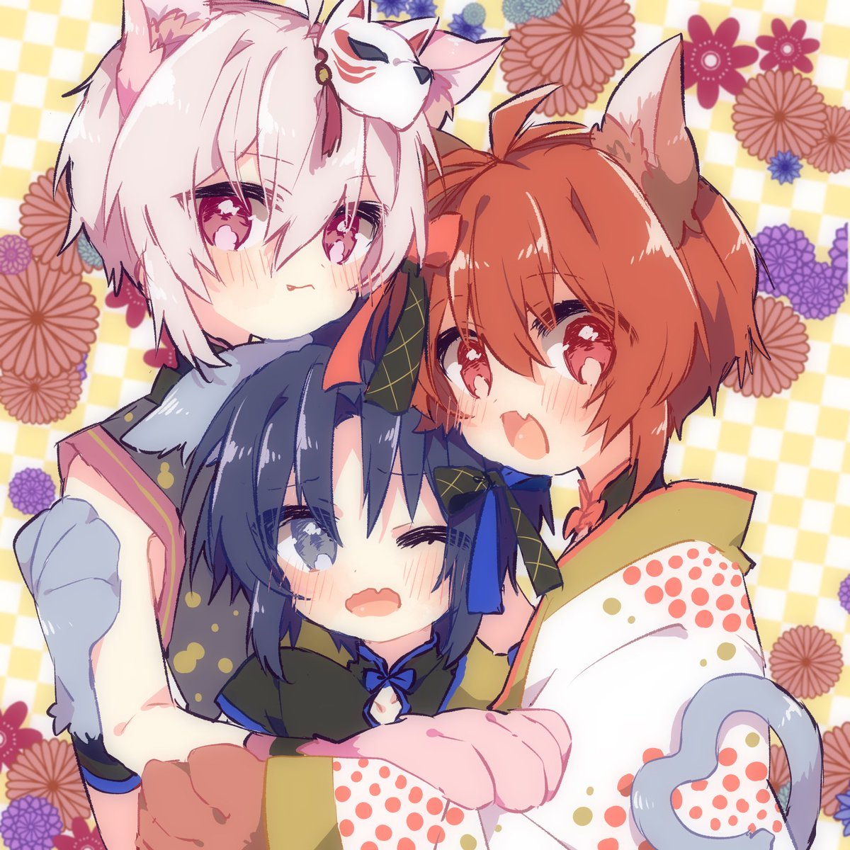 multiple boys male focus 3boys animal ears blue hair cat ears red eyes  illustration images