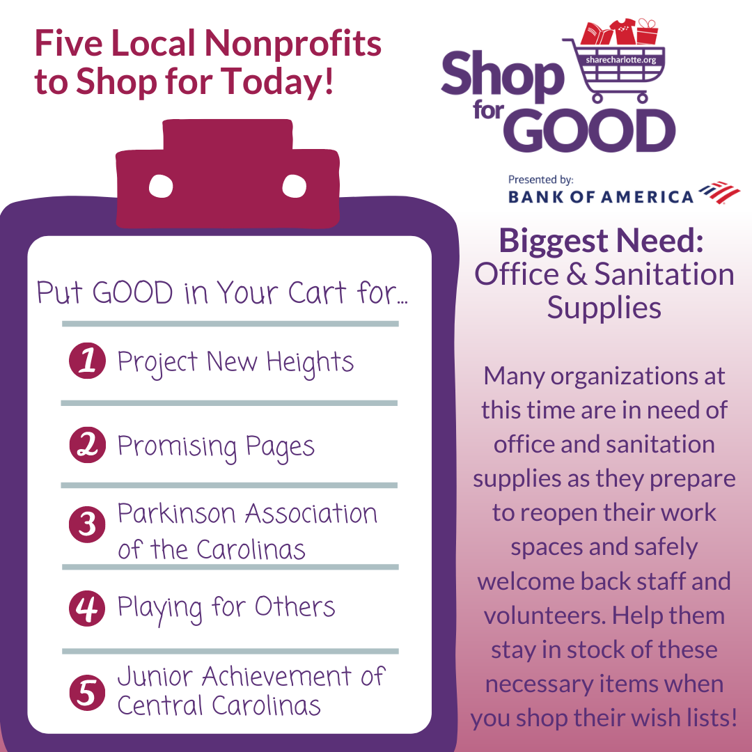 shareclt's tweet photo. Today's 5 featured nonprofits all have different missions, but one thing they have in common? Their need for office and sanitation supplies right now. Shop their Amazon wish lists &amp; start off your Saturday off smiling, because there's no buyer's remorse when you Shop for GOOD! https://t.co/6dptees5Vn