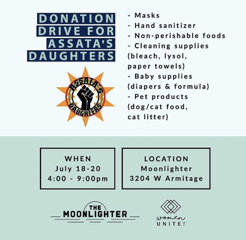 Donation drive today thru Monday for <a href="/AssataDaughters/">Assata's Daughters</a> with @WomenUnite11 at <a href="/moonlighterchi/">moonlighterchicago</a>. Help out if you can.