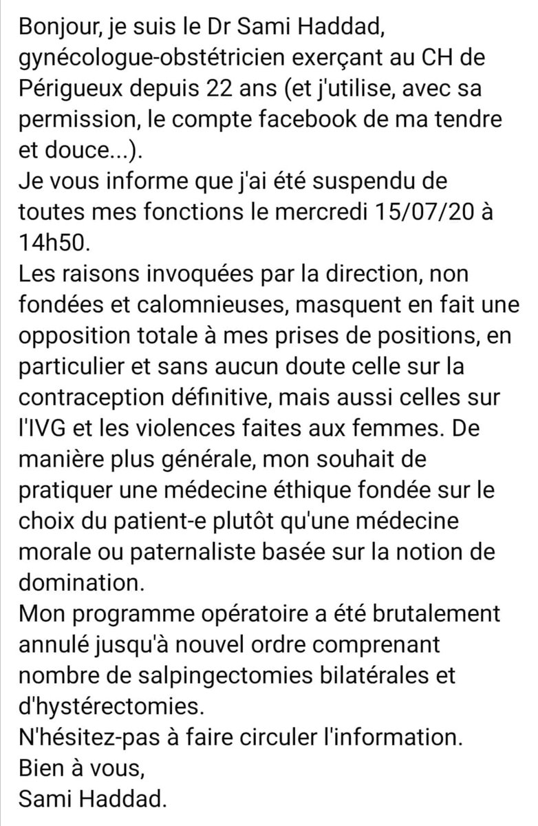 Elojoah's tweet photo. Le Dr Sami Haddad de l'hôpital de Périgueux à été suspendu de ses fonctions. La cause : ce médecins pratiquais des #IVG et des #sterilisation. Actes légaux en France.
Le fait que les femmes soit maître de leurs propres corps dérange. Honte ! https://t.co/oAics4YFJB