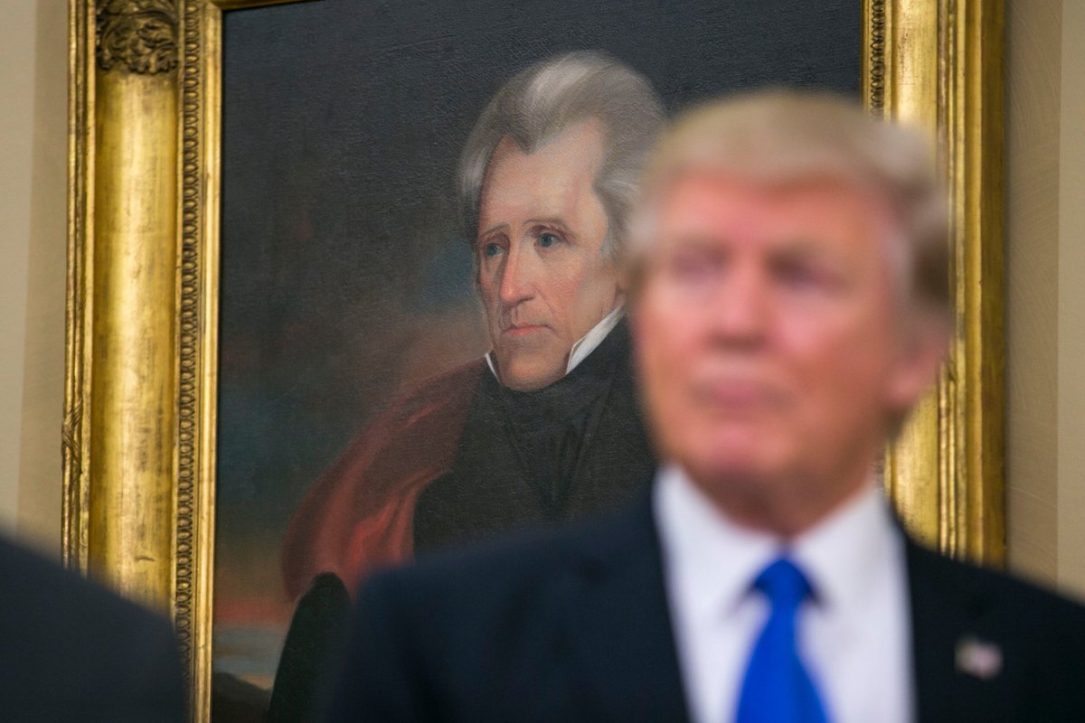 Understanding this, we must now come to Donal Trump. Another paranoid authoritarian who believes himself infallible and America& #39;s fate directly tied to his own.He is the inheritor of the legacies of Jackson, Nixon, and George W. Bush.34/
