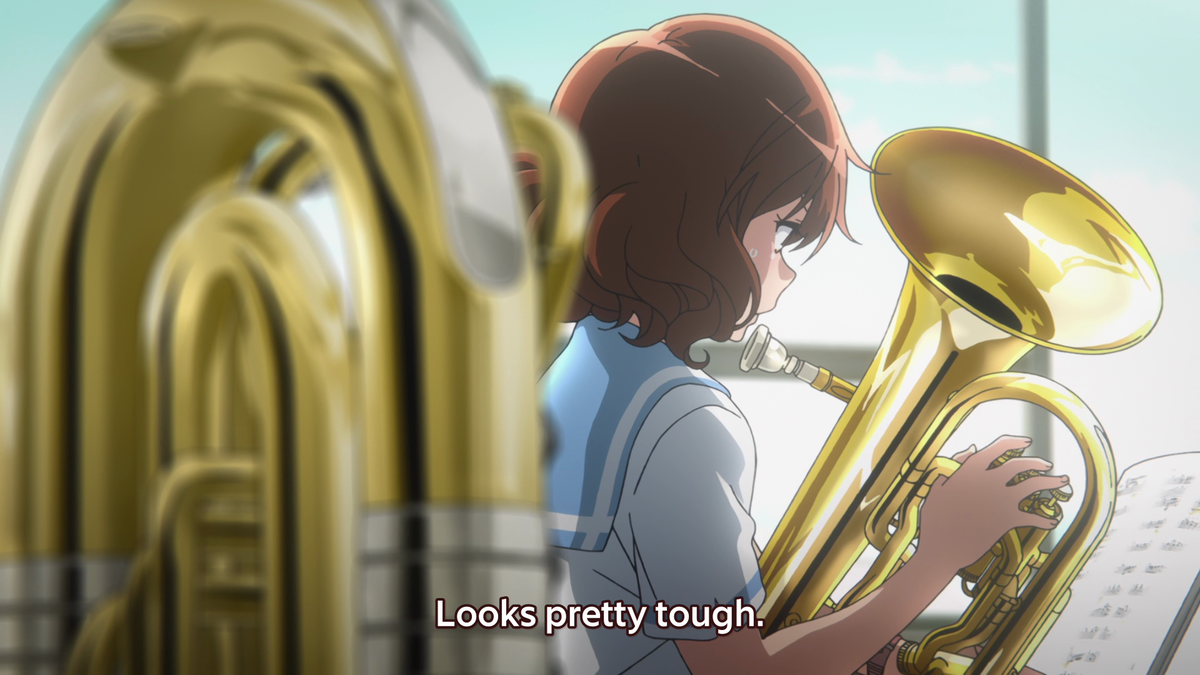 During this episode there's a lot of box imagery since Kumiko's desire to improve makes her feel confined. She's scrunched between two euphoniums, being squished by Asuka when she plays the part better than her, even framed in front of a square window.