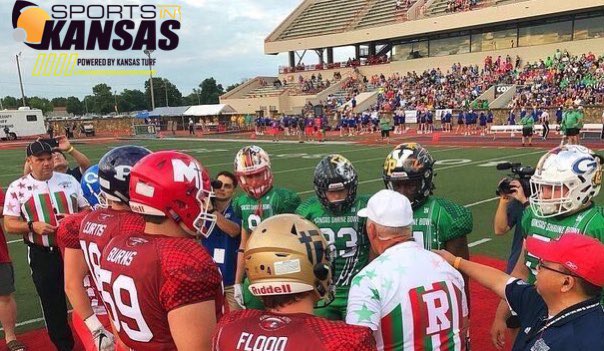 sportsinkansas's tweet photo. WATCH the 2020 @KSShrineBowl LIVE below at 7 pm (pregame show 6:30 pm) from Hummer Sports Park in Topeka with Mark Ewing, Stan Weber, Leon Liebl &amp; Chet Kuplen on the broadcast. #morethanagame 
WATCH HERE: https://t.co/duWQQJp3Rc

Powered by @MammothTurf https://t.co/TJgf09rh5s