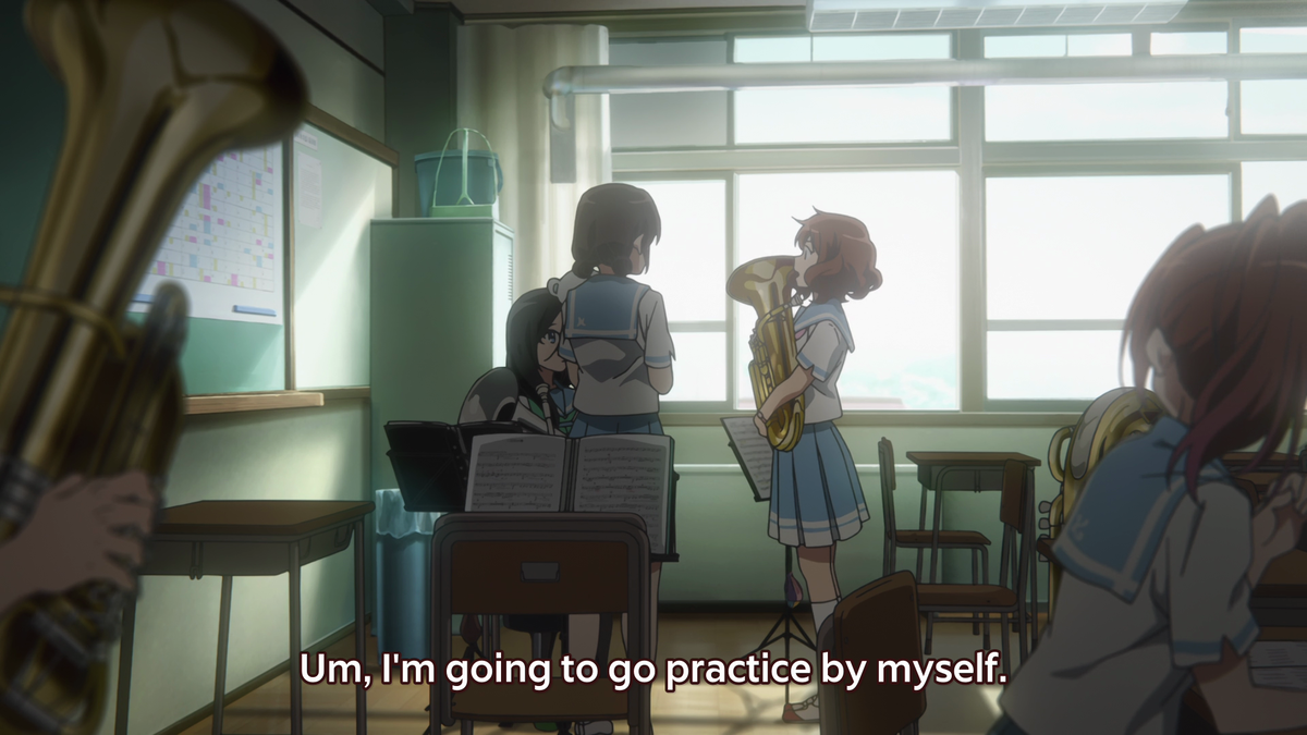 During this episode there's a lot of box imagery since Kumiko's desire to improve makes her feel confined. She's scrunched between two euphoniums, being squished by Asuka when she plays the part better than her, even framed in front of a square window.