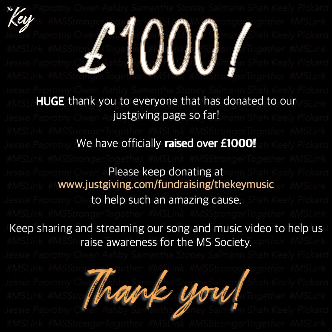 MusicThekey's tweet photo. Thank you so much for your donations so far! We’re so grateful! 

Please keep donating and sharing our song to help raise awareness for the @mssocietyuk via www.justgiving/fundraising/thekeymusic🧡

@jdfreeradio @scott_mills @PlanetIceUK @covblazehockey 

#MSSociety #Music https://t.co/1xBL1m4Kzt
