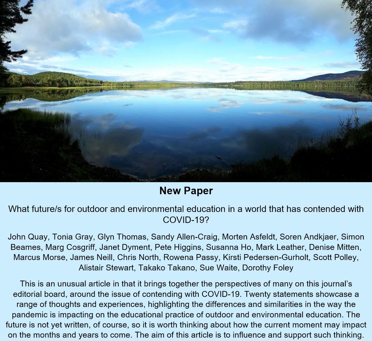 Journal of Outdoor and Environmental Education (@journalofoee) on Twitter photo 📣New open access paper 📣
What future/s for outdoor and environmental education in a world that has contended with COVID-19?
link.springer.com/article/10.100…
<a href="/tonialgray/">Tonia Gray</a> <a href="/beamingsimon/">Simon Beames</a> <a href="/MarkFLeather/">Sick of this sh*t</a> <a href="/outdoormittens/">Denise Mitten</a> <a href="/jtneill/">James Neill</a> <a href="/PassyRowena/">Rowena Passy</a> <a href="/ScottPolley7/">Scott Polley</a> <a href="/sue_waite/">Sue waite</a> & colleagues 📣New open access paper 📣
What future/s for outdoor and environmental education in a world that has contended with COVID-19?
link.springer.com/article/10.100…
<a href="/tonialgray/">Tonia Gray</a> <a href="/beamingsimon/">Simon Beames</a> <a href="/MarkFLeather/">Sick of this sh*t</a> <a href="/outdoormittens/">Denise Mitten</a> <a href="/jtneill/">James Neill</a> <a href="/PassyRowena/">Rowena Passy</a> <a href="/ScottPolley7/">Scott Polley</a> <a href="/sue_waite/">Sue waite</a> & colleagues