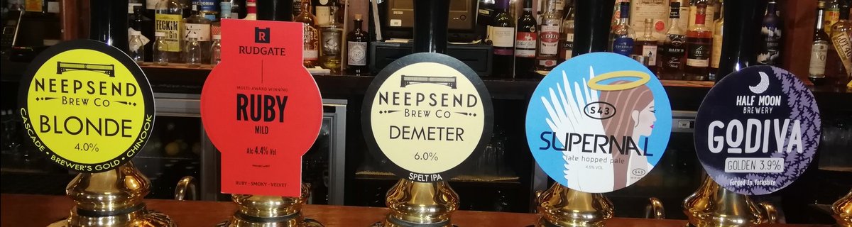 BlakeHotelSheff's tweet photo. On the bar today
@NeepsendBrewCo 
Blonde 4.0%
Demeter (vg) 6.0%
Hanuman (vg) 8.0%
@rudgatebrewery 
Ruby Mild 4.4%
@S43Brewery 
Supernal 4.5%
@HalfMoonBrewer 
Godiva 3.9%
@ampleforthbeer
North yorks' cider 6.5%
@brasserielefebvre
Floreffe Dubbel 6.3%
@stfeullien
Grisette 3.5% https://t.co/b0aTmJaEjf