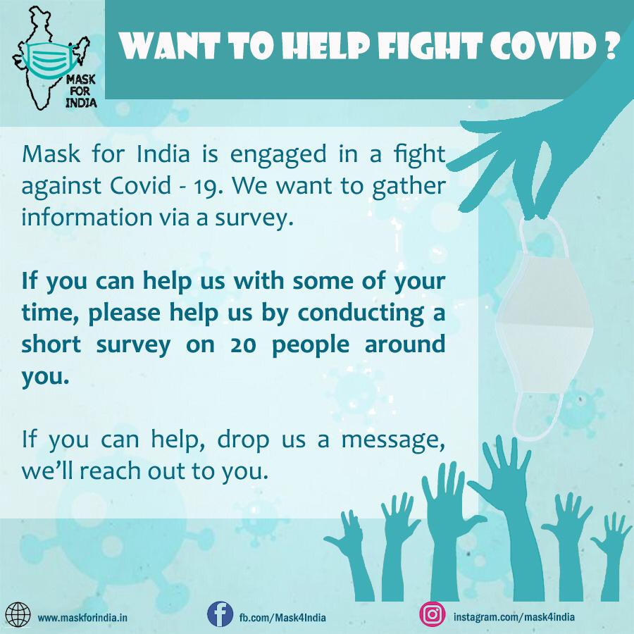 Mask4India's tweet photo. We have volunteers from 10+ cities now. We are looking to expand our reach to more towns and rural areas to collect data about the Covid-19 prevention info. This will form a basis for pan-India, data-driven awareness campaign. DM if interested. 

#maskforindia #volunteerforchange https://t.co/uSnlUjro6F