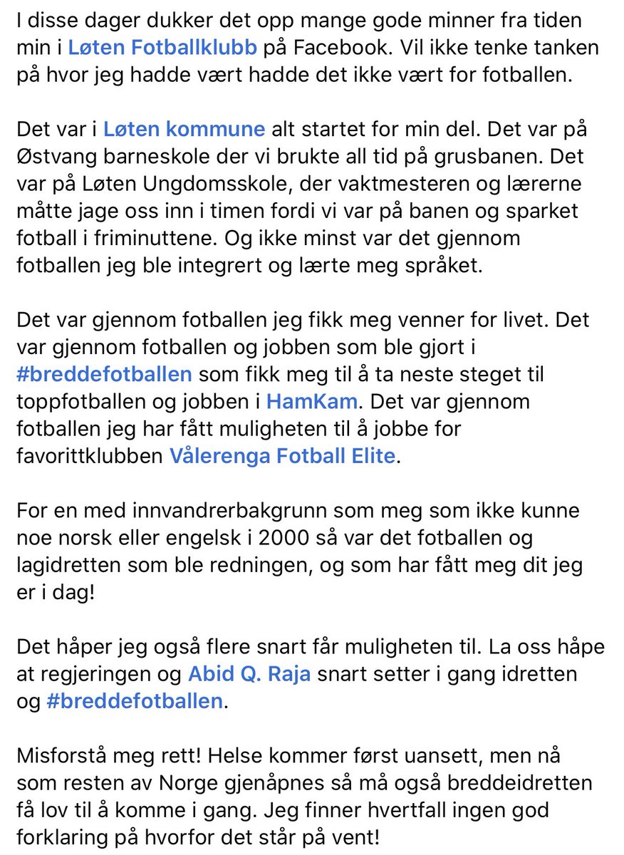 MehranMerry's tweet photo. Hei @abidraja Jeg skal ikke mase om gjenåpning av #Breddefotballen, men les gjerne det jeg skiver👇
I disse dager skrives det mye om integrering. Her har du min historie på hvordan jeg ble integrert gjennom #Idretten
Ha en riktig god helg uansett hvor i Norge du befinner deg 😃⚽️ https://t.co/RGMRIElPVa