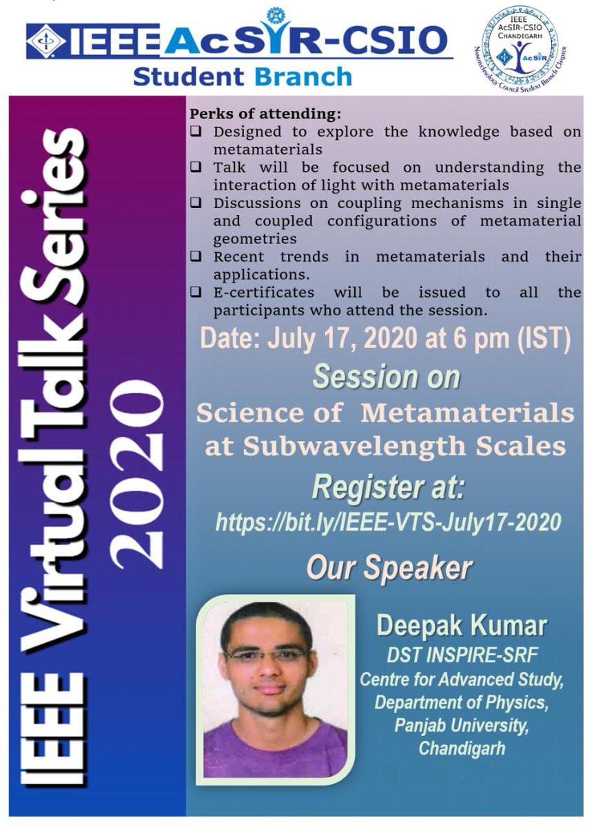 ieee_acsircsio's tweet image. IEEE AcSIR-CSIO Student Branch successfully conducted an IEEE Virtual Talk Series session on Science of Metamaterials at subwavelength scales by Mr. Deepak Kumar, DST-INSPIRE-Surf. 
#IEEE #AcSIRCSIO #CSIO #research #materials #metamaterials #Science 
@IEEEorg @ieeedelhi @Acsir