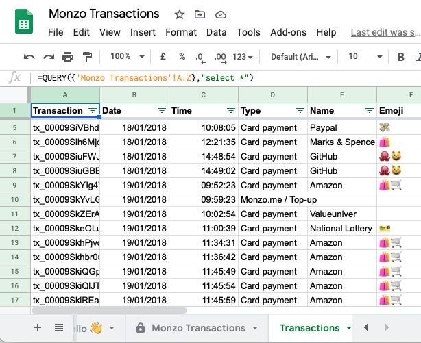 trollied's tweet photo. A little tip for @monzo #monzoplus users that export automatically to google sheets. To keep the auto-populated sheet read-only & have your own to work with, create a new sheet and paste this formula into cell A1:
=QUERY({'Monzo Transactions'!A:Z},"select *") https://t.co/u9JHgxSqOU