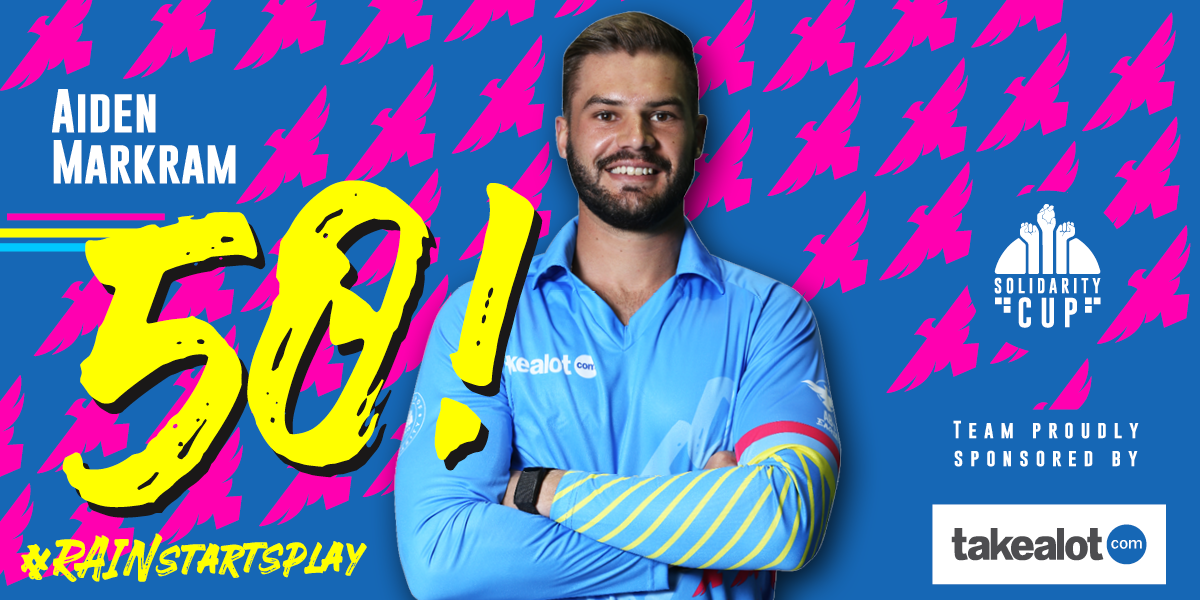 Edged and 4⃣!

Markram (53*) is the first batsman to record a #SolidarityCup half-century! His knock coming off 27 balls. 👏

EAG 100-1 after 8.1 overs.

#3TCricket #RainStartsPlay