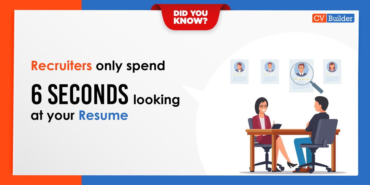 cvbuilderweb's tweet image. If your resume fails to impress the recruiters in 6 seconds then you lose your chance. Give them a reason to hire you. Hire us now for a job-winning resume- cvbuilder.co.in

#Resume #ResumeTips #Naukri #jobseekers #jobs #workplace #hiring #career #SuperCV #cvbuilder