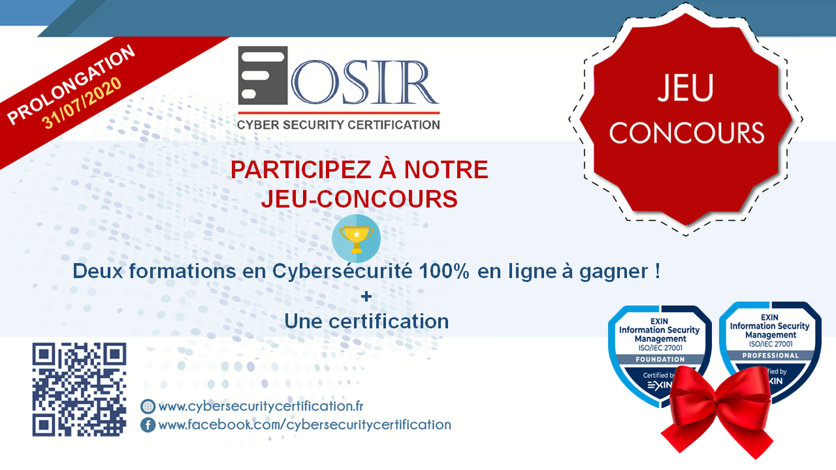 Cyber_training's tweet photo. #Prolongation de notre [#JeuConcours] 🏆:

Vous avez jusqu'au 31/07 pour participer et courir la chance de gagnez 2 #formations 100% en ligne + une certification !! 🎁 . 

C'est très simple, répondez à notre quiz en  sécurité → https://t.co/97bTTyQtHj

Bonne chance ! https://t.co/yJ1e8S6oZ8