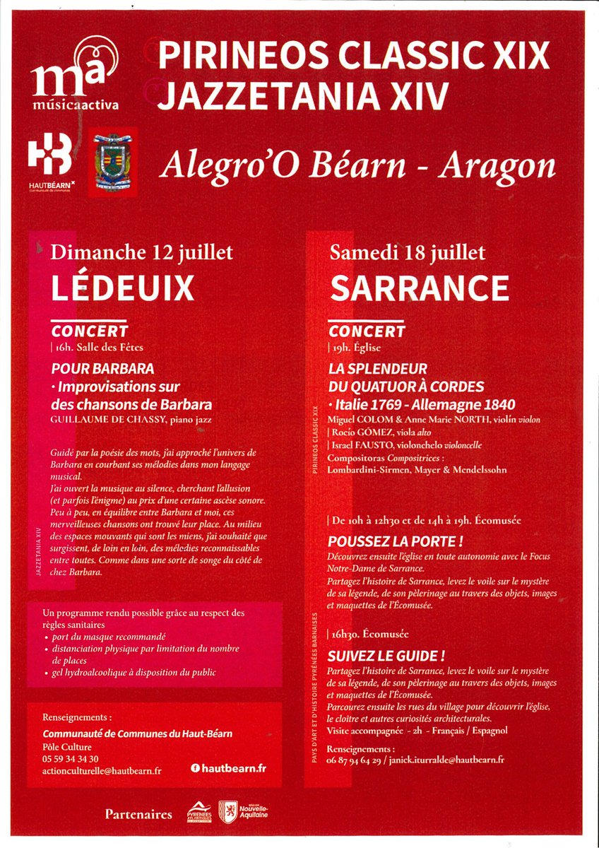 turismocanfranc's tweet photo. Concierto nº 9 #PirineosClassic XIX en la #iglesia de #Sarrance (Francia )-18 #julio 2020 a 19h00.
" LA SPLENDEUR DU QUATUOR À CORDES "/ ( Italia 1769-Alemania 1840 ). 
M. Colom &amp; A.M. North ( #Violin) , R. Gómez ( #viola ) e I. Fausto ( #violonchelo) . Info en Turismo #Canfranc https://t.co/5DajUwwP0Y