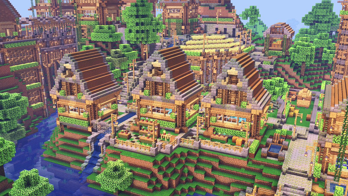 こぐまぷろ Kogumapro 在 Twitter 上 崖の上の村を振り返る 今回は6軒目です ここは三つ子の家として建てました 崖の上から平地に進出した初の建築です 同じのが並んでるの可愛いですよね なんか並んでるの好きかもしれない マイクラ Minecraft建築