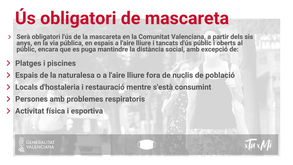 ximopuig's tweet photo. Sabem d'on venim i tot el que hem avançat. Ara ens adaptem per no tornar arrere.
Des de hui, l'ús de la mascareta serà obligatori a la Comunitat Valenciana en els espais públics. Amb l'excepció de platges, piscines, espais de natura o esport.
Prudència i responsabilitat. Gràcies https://t.co/vXCKQOzRY0