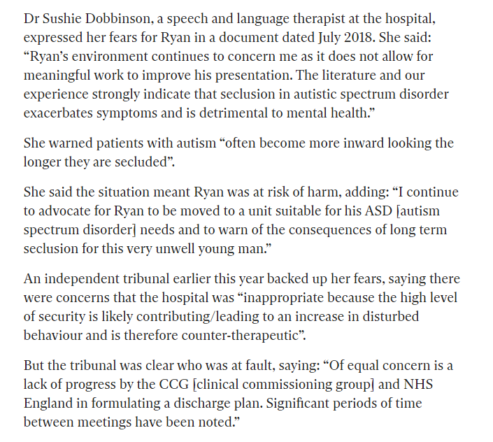 Two years ago one of Ryan's clinicians raised clear concerns his detention was causing harm (see below). A tribunal earlier this year critcised  @NHSEngland and  @NHSHullCCG for not acting quickly enough: