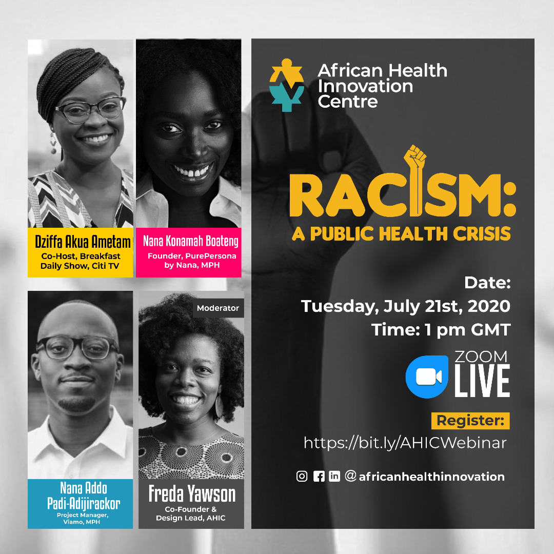 AfricanHealthIC's tweet image. Racism &amp;amp; public health? 

Recent events have shown that systemic #racism has a physical, mental, emotional &amp;amp; social impact on lives. 

Join AHIC Tue July 21st at 1pm GMT, as we explore what this means for Africans &amp;amp; the Diaspora. 

Register: bit.ly/AHICWebinar

#publichealth