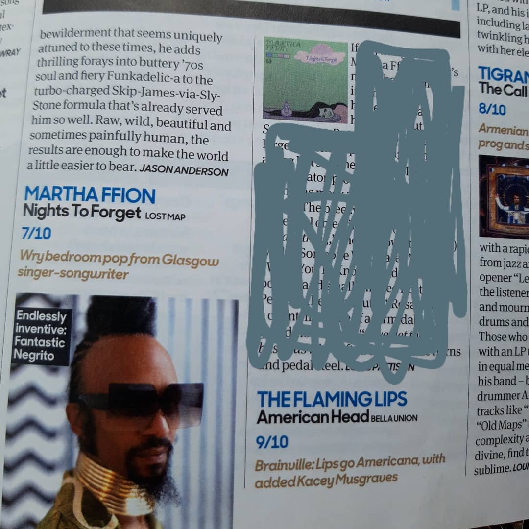 MarthaFfion's tweet photo. Holy Moly!
Nights To Forget has been reviewed in @uncutmagazine🤘👩‍🎤
A not-too-shabby 7/10
It's out 14th August on @LostMap 
A nice wee mention for @davefrazermusic on production magic too! https://t.co/0eKrzTIBVi