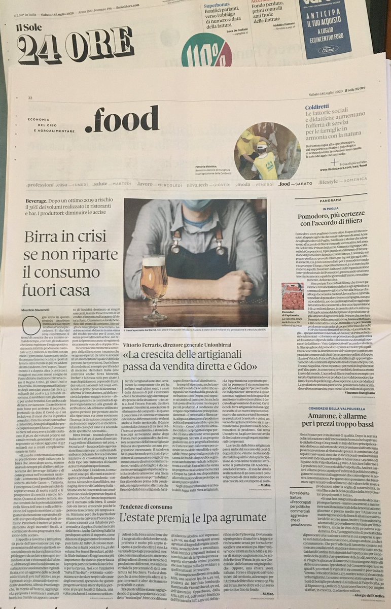 Birragenda's tweet photo. Su @sole24ore di oggi firmo tre pezzi dedicati alla #birra italiana. Gli ottimi risultati presentati da @AssoBirra nell’Annual Report 2019, l’intervista al direttore @Unionbirrai e le birre per l’estate. https://t.co/4jPiyBfGtD