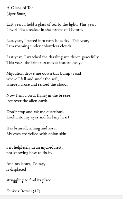 Shukria brought her Persian/Farsi heritage to school, and the poems her mother taught her. She began making English versions of the poet Rumi - great ones.