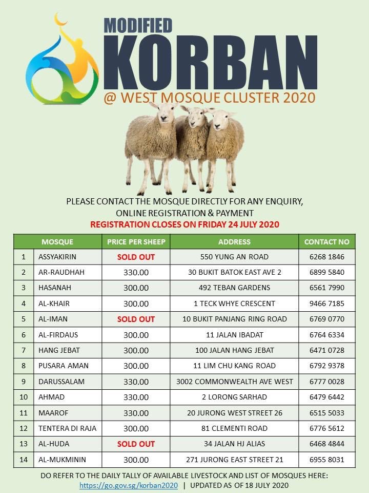 Alhamdulillah, all slots for Korban 2020 at Masjid Assyakirin has sold out! If you are still looking for modified korban services, do contact the mosques that are still available, as listed in the photo before Friday, 24 July 2020.

#SyukurAssyakirin
