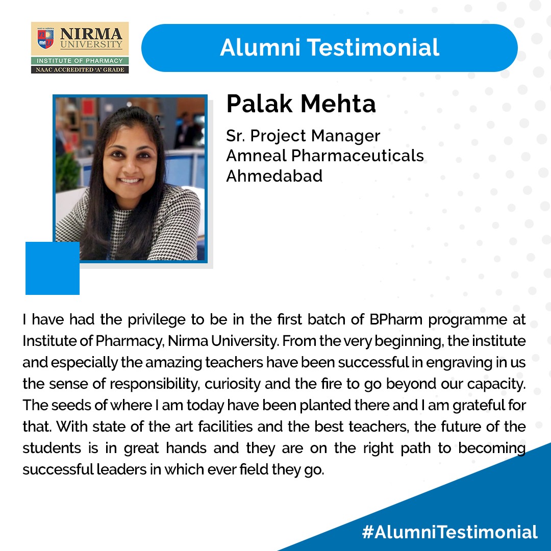 IPNUOfficial's tweet photo. Alumni Testimonial for Institute.
.
I have had the privilege to be in the first batch of BPharm programme at Institute of Pharmacy, Nirma University. 
#alumni #testimonial #institute #BPharm #instituteofpharmacy #nirmauniversity #ipnu https://t.co/D7gFuGAhqd