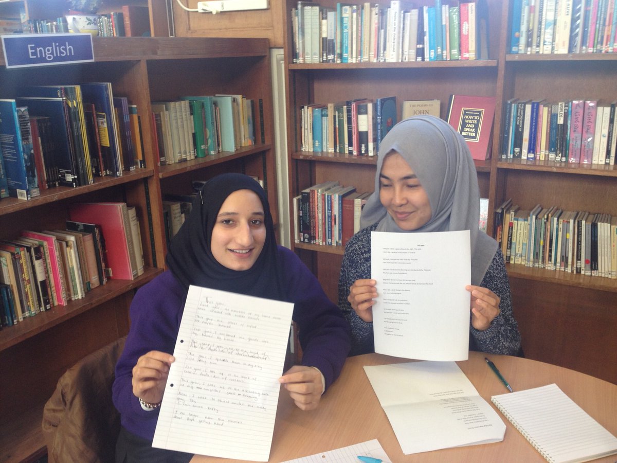 After her A Levels, Shukria had an extra year at school funded by  @PoetryDayUK , mentoring younger students in poetry. I love this photo of her with Halema, also from Afghanistan, but Pashtoo speaking.