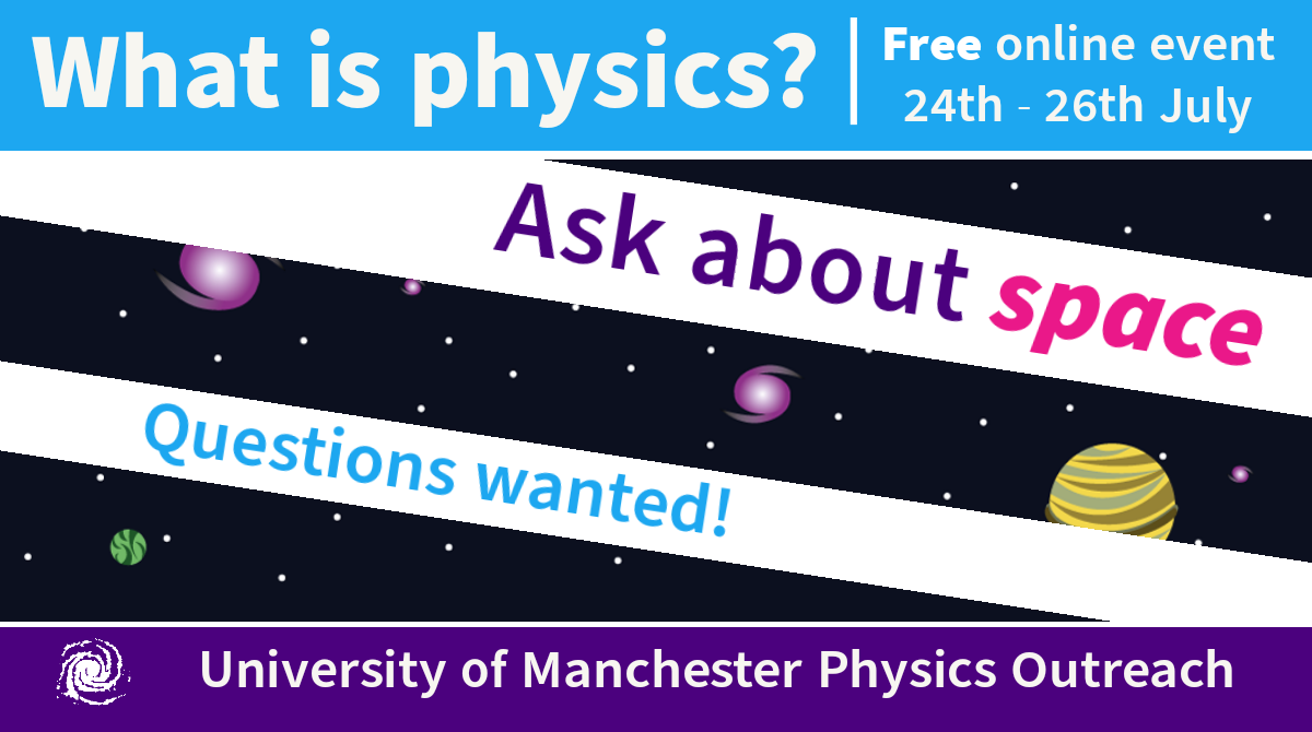 UoMPhysOutreach's tweet photo. Ever wondered what would happen if you fell into a black hole? Or about the immense gravity of a neutron star? We'll be asking @BretonRene your questions about space! Drop them down below or send us a message! #whatisphysics #physicsathome https://t.co/8CyYLFPznf