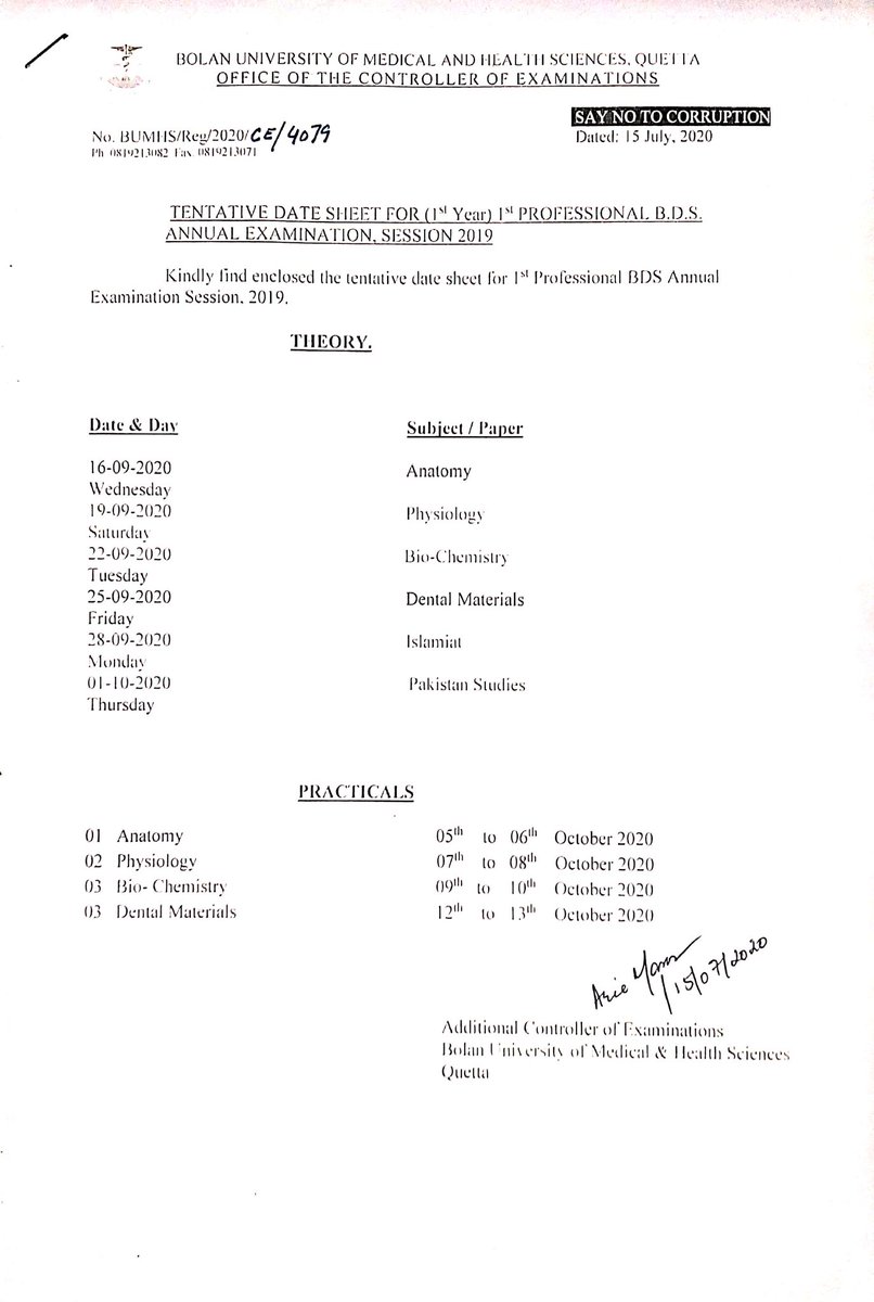 BUMHSOfficial's tweet photo. Tentative date sheets for (1st Year) 1st Professional BDS and MBBS Annual Examinations Session 2019 have been released. 

#Balochistan https://t.co/Voqo1BtHSi