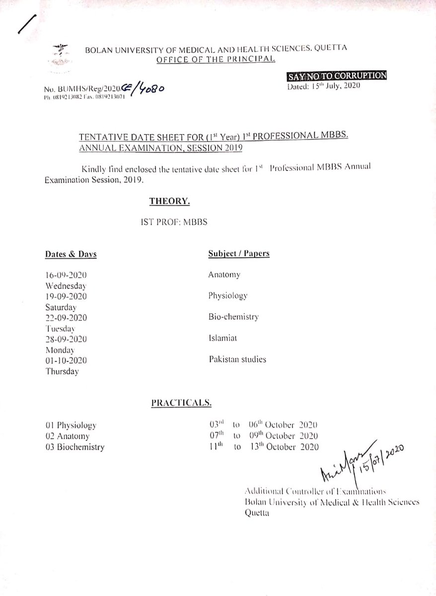 BUMHSOfficial's tweet photo. Tentative date sheets for (1st Year) 1st Professional BDS and MBBS Annual Examinations Session 2019 have been released. 

#Balochistan https://t.co/Voqo1BtHSi