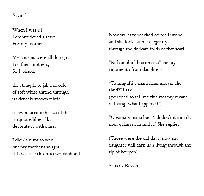 And now, in case anyone doubts the value of a sanctuary scholarship, she has got a First How lucky are we to have her in this country? Her latest poem reflects on her journey.