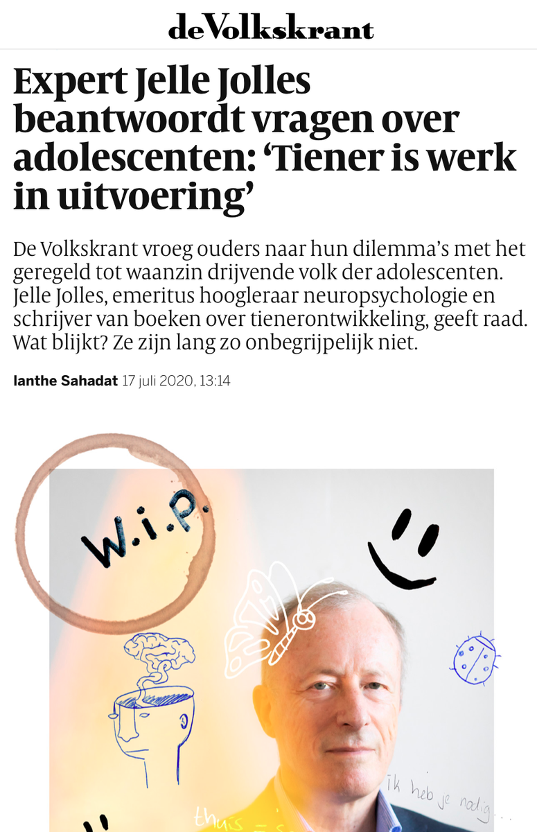 "Erken dat de tiener nog werk in uitvoering is; dan kunnen we makkelijker met hem omgaan en zélfs met vertedering naar hem kijken". Lang interview in Volkskrant 18/7 met - vanuit de neuropsychologie - mijn antwoorden op lezersvragen: volkskrant.nl/wetenschap/exp…
