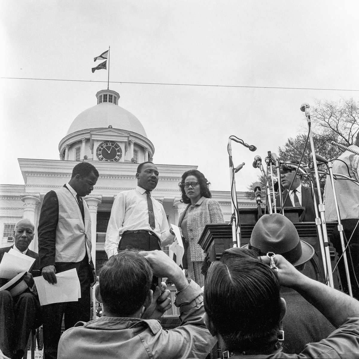 John Lewis, Martin Luther King Jr. and Coretta Scott King at rally on the steps of the Alabama State Capitol on March 25, 1965. Photo by Charles Shaw.  #GoodTrouble  #JohnLewisRIP