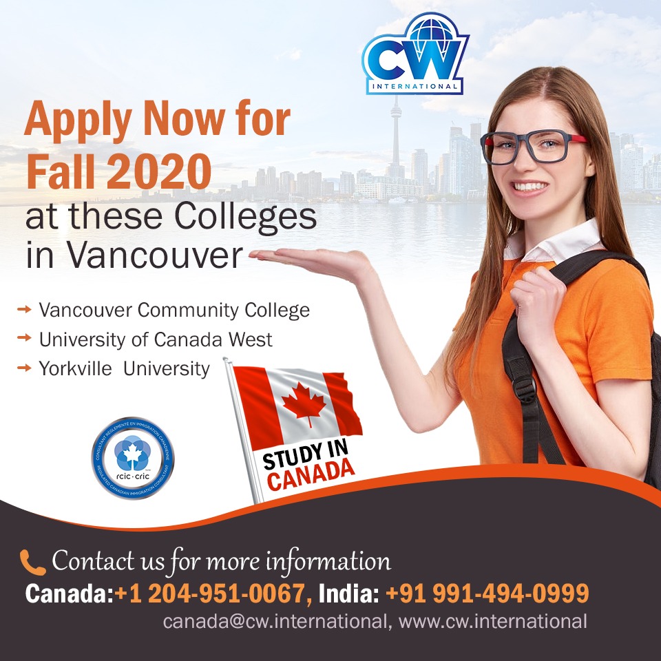 Apply now for Fall 2020 at these Colleges in #Vancouver
#VancouverCommunityCollege
#UniversityofCanadaWest 
#YorkvilleUniversity
For more Info Contact us at #CWInternational
Visit- cw.international
Canada:+1 2049510067
India:+91 9914940999
#studyincanada #Visa