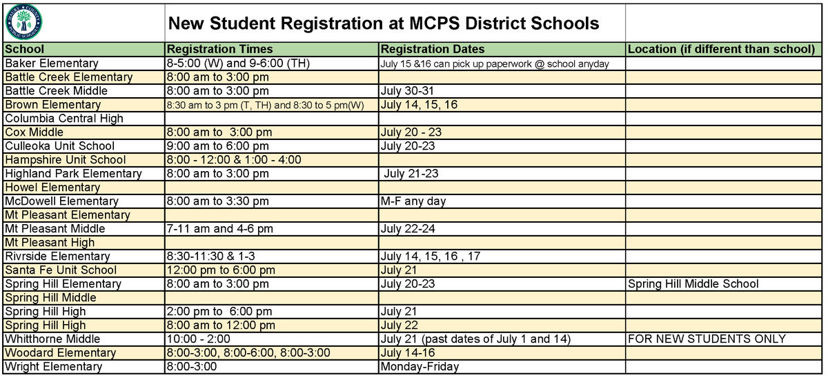 MauryCoSchools's tweet photo. New Student Registrations. If not listed or you have questions, please contact the school directly. https://t.co/dRIR7wWdvw